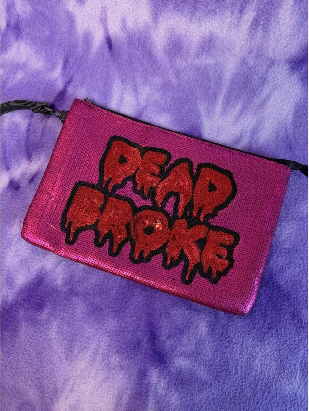 Iron fist dead broke pink red black sequin clutch bag